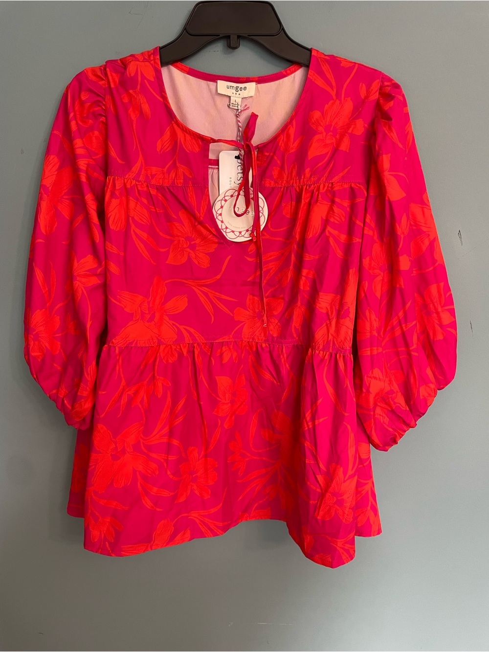 Umgee Hot Pink with Red Floral Tiered Peasant Top